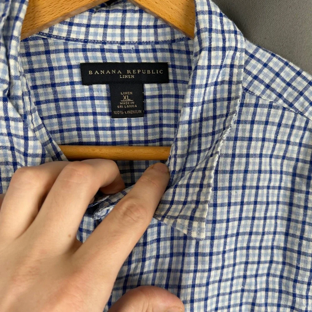 Banana Republic Mens XL Blue White Gingham Check 100% Linen Button Down Shirt